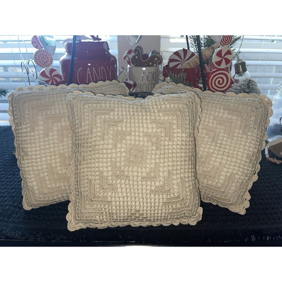 X-10 Other - Vintage Square Beige‎ Crochet Pillows 10" X 10" Set Of 3